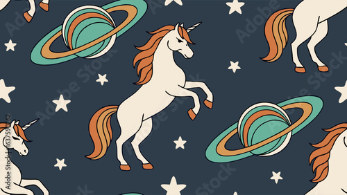 Cosmic Unicorns and Planets Seamless Pattern Design.