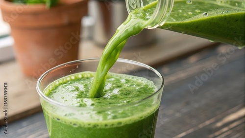 Fresh Green Smoothie Being Poured Into Clear Glass Cup
