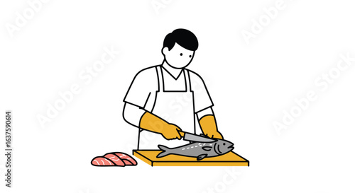 Person filets fish with a silver knife on a yellow cutting board, producing fillets