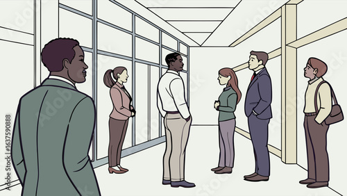 Diverse Business Professionals Waiting in a Modern Office Corridor.