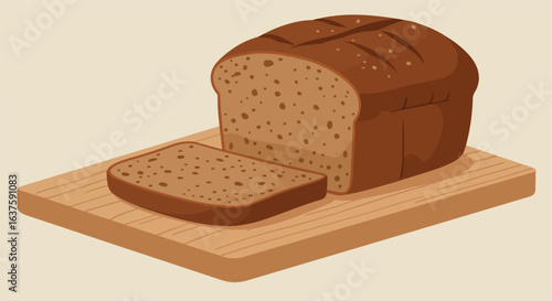 Brown, loaf bread, partially sliced, resting on cutting board with light background
