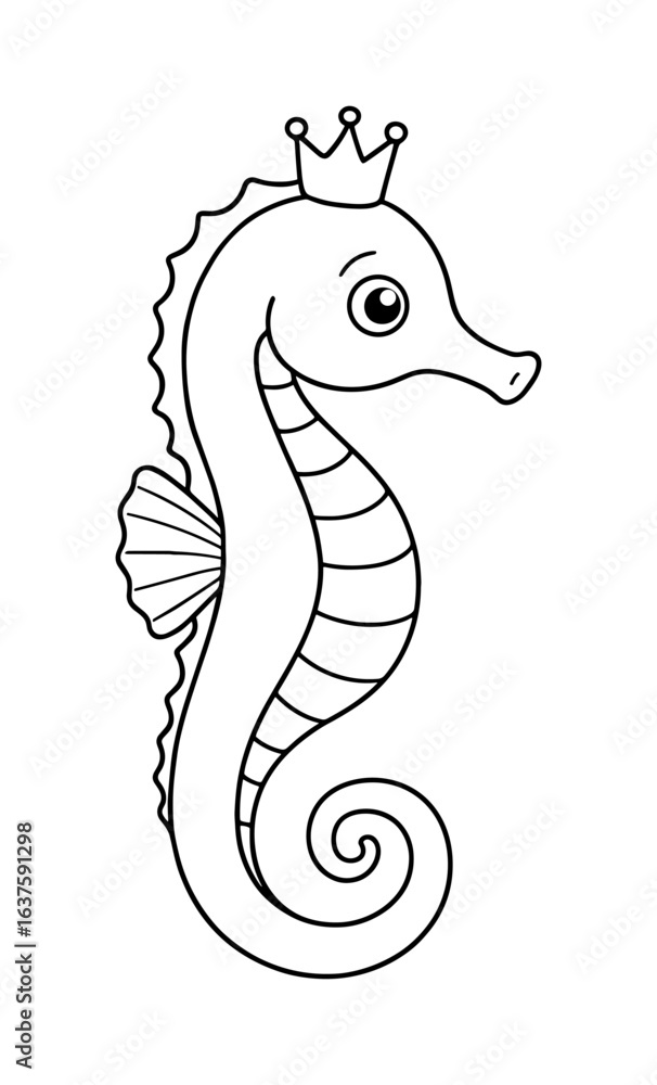 Fototapeta premium Cute seahorse with crown in black and white line art style