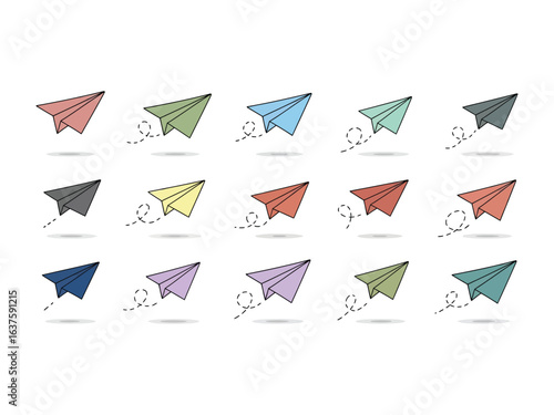 Array of Colorful Paper Airplanes: A vibrant collection of colorful paper airplanes, arranged in a neat pattern against a neutral backdrop, symbolizing concepts of travel, creativity.