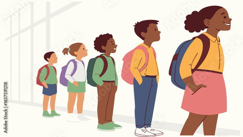 Diverse Elementary School Children in Line with Backpacks.