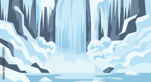 Icy waterfall flows between rocks, adorned with icicles in a cool, winter scene