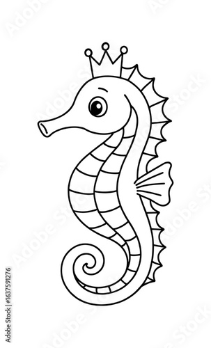 Cute seahorse with crown line art for kids coloring
