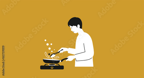 Person cooks food with frying pan, stove, spatula in simple graphic