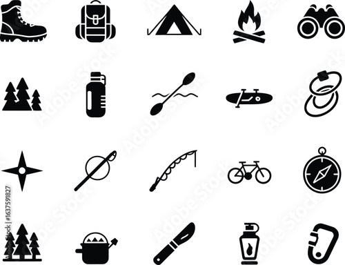 Outdoor Adventure and Camping Icons Collection for Nature Exploration and Recreational Activities in Black Silhouette Vector Design