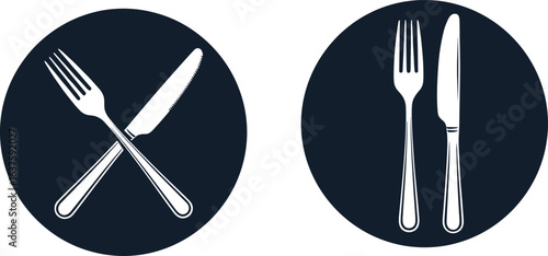 Set of fork and knife icons, including crossed utensils and side-by-side cutlery, minimalist design in dark circles, perfect for restaurant, dining, food concepts