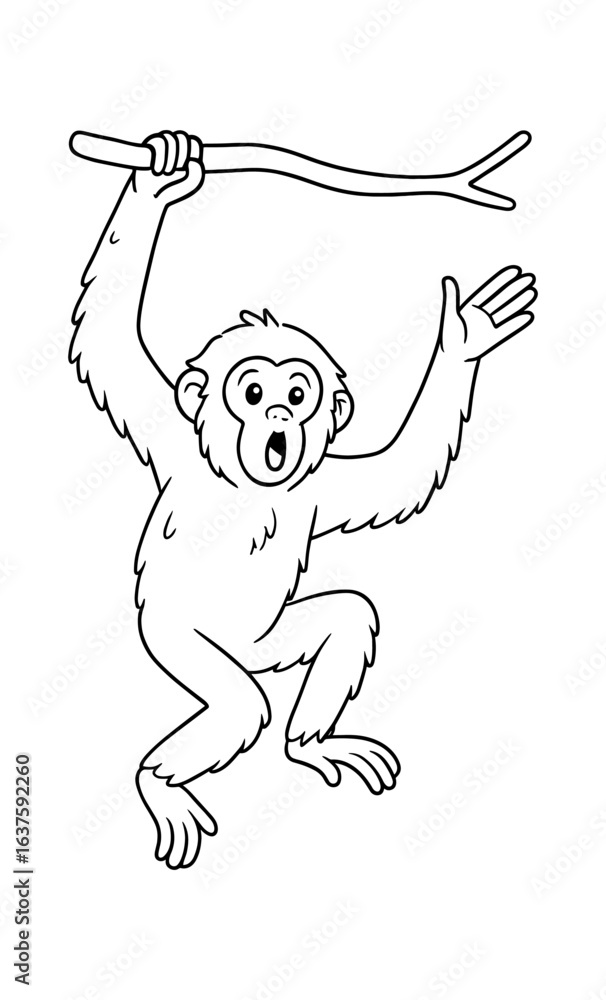 Obraz premium Playful monkey swinging on branch in black and white outline design for coloring book