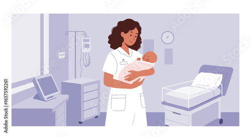 Caregiver comforting swaddled newborn inside hospital nursery room setup