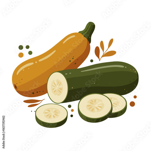 Whole and sliced zucchini in green and yellow, flat vector illustration on transparent background