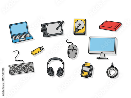 Desktop Technology Essentials: A collection of digital gadgets, from laptop to headphone, ready for use, ideal for technological applications, a digital creation for a better future. 