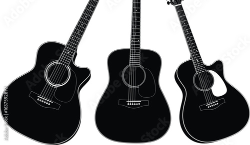 Acoustic guitar silhouettes, cutaway design, dreadnought shape, string instrument, black and white, sound hole, bridge detail, music illustration, guitar contour, artistic reference