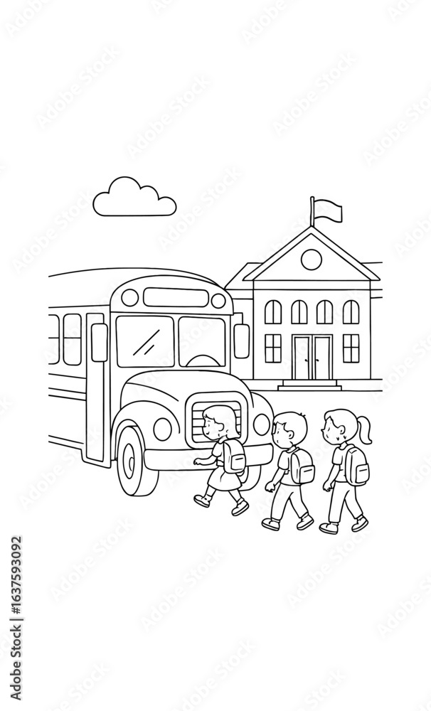 Obraz premium Kids walking to school bus in black and white line art with school building
