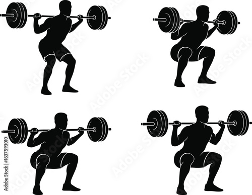 Barbell squat exercise stages, fitness silhouette illustration, strength training movement, gym workout form, proper technique, athletic posture, muscle development, health