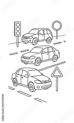 Linear traffic scene with cars and road signs on urban street