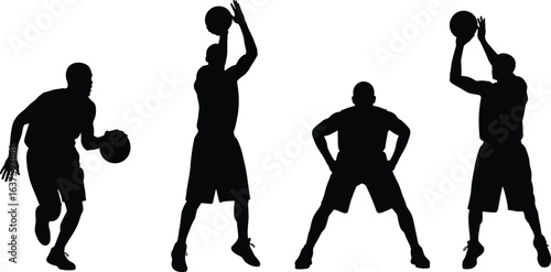 Basketball player silhouettes, dribbling, shooting, defensive stance, black figures, sports action, vector illustration, isolated poses, athletic movement, game icon