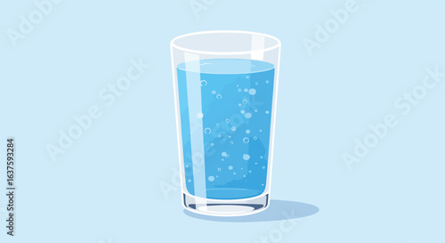 Glass of bubbly water on blue background. Refreshing, clear, and thirst-quenching