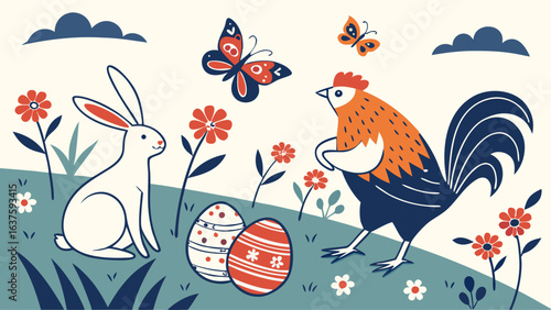 Easter Rabbit Rooster and Decorated Eggs in Spring Meadow.