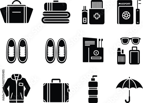 Minimalist Black and White Travel Packing Icons Vector Illustration Ready for Adventure and Vacation Planning