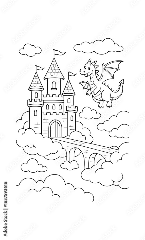 Fototapeta premium Whimsical castle and dragon line art coloring page for kids