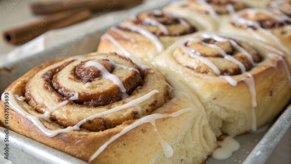 Fototapeta premium Delicious Freshly Baked Cinnamon Rolls with Icing Drizzle