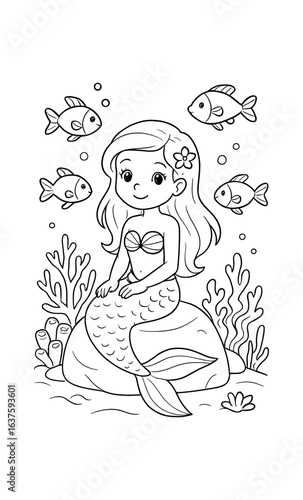 Charming mermaid and fish in coral reef coloring page for kids