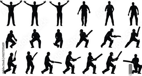 Cricket silhouette set, umpire signal pose, wicketkeeper crouch, batsman stance, stumps illustration, sports action, team game vector, athletic movement