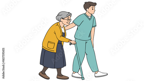 Elderly Woman Assisted by Caregiver Walking with Cane.