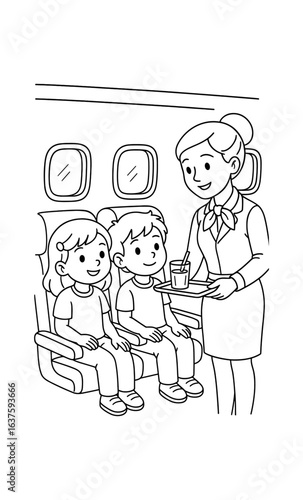 Flight attendant serving kids on plane in black and white cartoon style