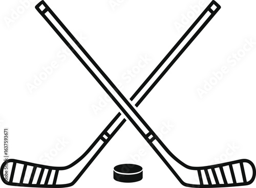 Crossed hockey sticks, puck below, taped blades, sports equipment, ice hockey gear, competitive game, athletic symbol, team sport, action