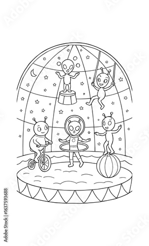 Circus-themed alien coloring page featuring acrobatics and unicycling under a starry tent