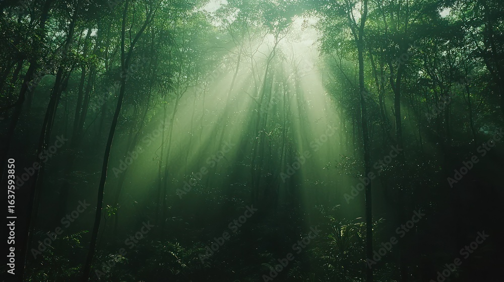 Obraz premium Sunlight piercing a misty jungle