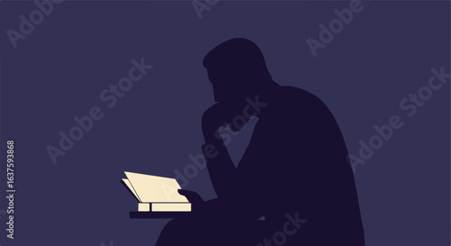 Person silhouetted, deep in thought reading a book in dim light