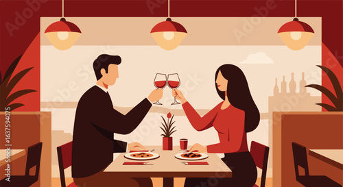 Couple toasting wine glasses at cozy restaurant setting with meal and dim lighting