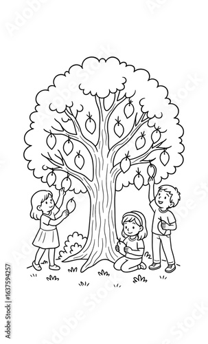 Children picking fruit from a tree in a black and white coloring page