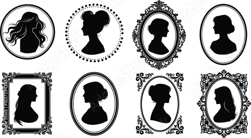 Elegant female silhouette portraits, ornate vintage frames, side profile illustrations, classic hairstyle design, black and white art, decorative retro style