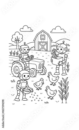 Robots farming: cute linear art in a countryside setting with barnyard animals