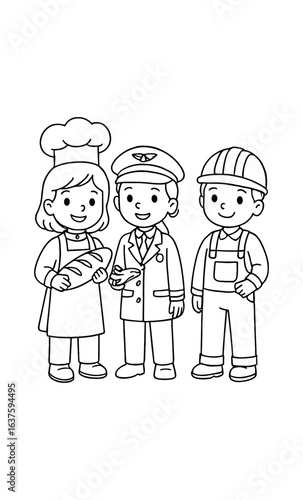 Diverse professions in outline art: chef, pilot, and builder in uniform