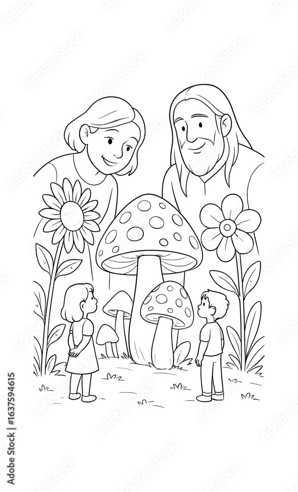 Fototapeta premium Whimsical garden scene with family and giant mushrooms in black and white