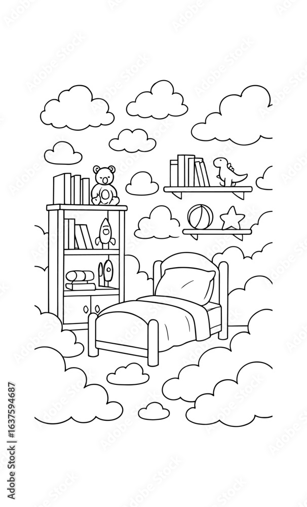 Fototapeta premium Whimsical cloud-filled kids room with floating bed and toys in black and white