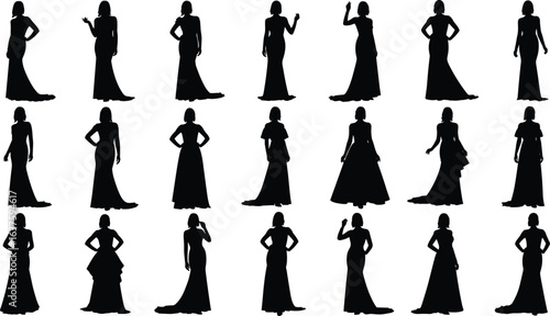 Fashion silhouette collection, elegant dress poses, stylish female outlines, artistic gown designs, formal wear illustration, fashion model silhouettes