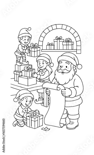 Santa and elves in workshop preparing christmas gifts coloring page for kids