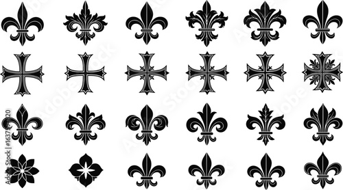 Fleur-de-lis and cross symbols collection, black and white heraldic icons, medieval emblem set, decorative vintage design elements, grid layout