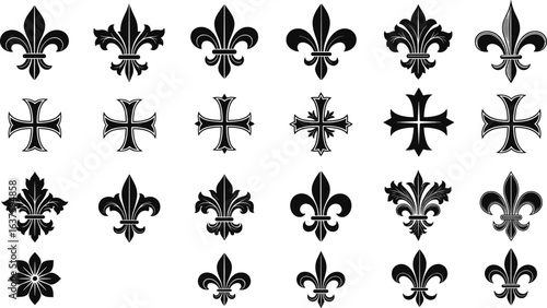 Fleur-de-lis and cross symbols, black and white icon set, heraldic emblem collection, vintage cultural design, grid layout, historical art