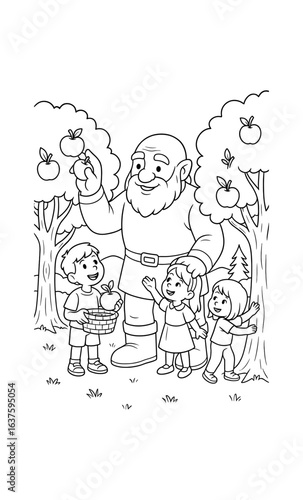 Whimsical coloring page: grandpa and kids harvesting apples in an orchard