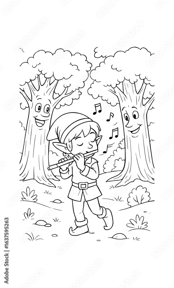 Obraz premium Little elf playing flute in enchanted forest with smiling trees
