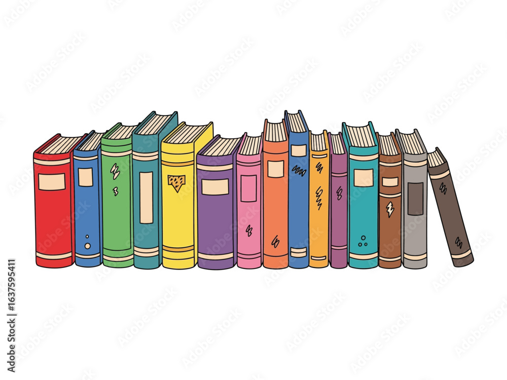 Naklejka premium Collection of Colorful Books: A vibrant, curated collection of literary treasures, showcasing a spectrum of hues and textures, inviting the viewer into a world of knowledge, imagination.