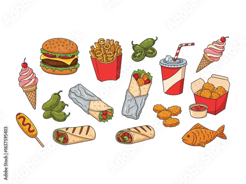 Delicious Assortment: A delightful arrangement of classic fast food favorites, showcasing a variety of savory and sweet treats, perfect for a quick and satisfying meal. 